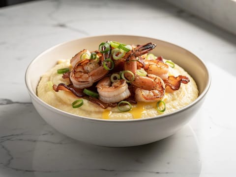Shrimp and Grits με μπέικον και τσένταρ