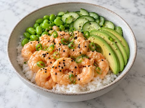 Poke bowl de gambas con mayonesa picante Poke bowl de gambas con mayonesa picante