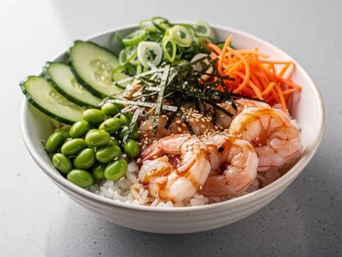 Poke bowl de sushi con gambas