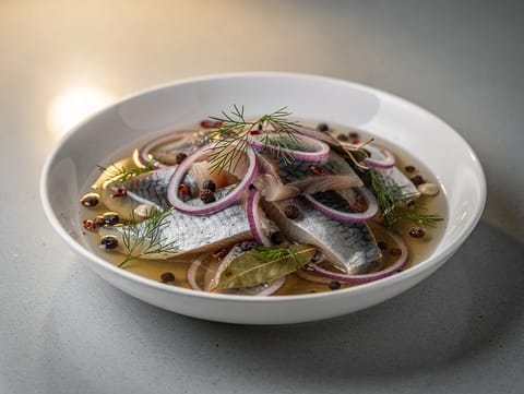 Hareng mariné julbord (saumure aigre-douce à l’aneth et oignon rouge)