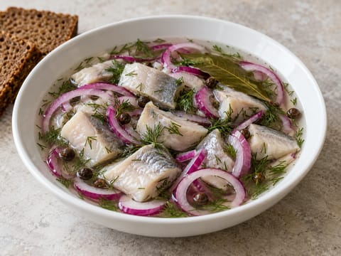 Julbord nakládaný sleď (sladkokyselý nálev s koprem a červenou cibulí) Julbord nakládaný sleď (sladkokyselý nálev s koprem a červenou cibulí)