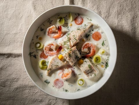 Sjømatgryte (stufato nordico di pesce e gamberi con panna)