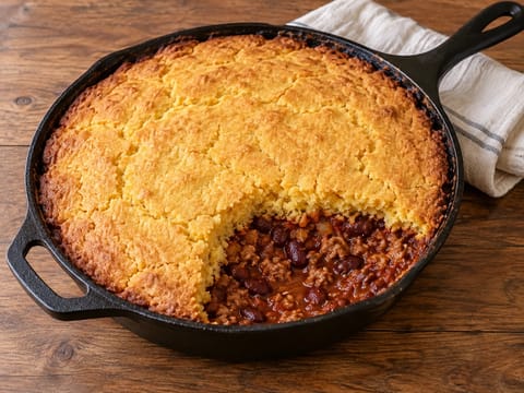 Chilli de peru na frigideira com cobertura de pão de milho Chilli de peru na frigideira com cobertura de pão de milho