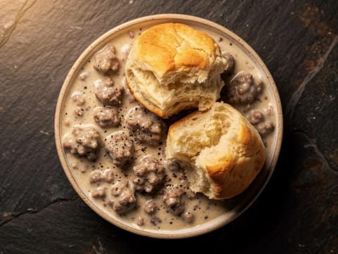 Sauce crémeuse à la saucisse à la poêle avec biscuits au babeurre