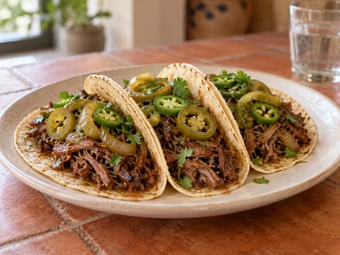 Pomalu dušené tacos s trhaným hovězím a jalapeños Pomalu dušené tacos s trhaným hovězím a jalapeños