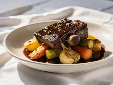 Langtidsbraiserte short ribs med rødvin Langtidsbraiserte short ribs med rødvin