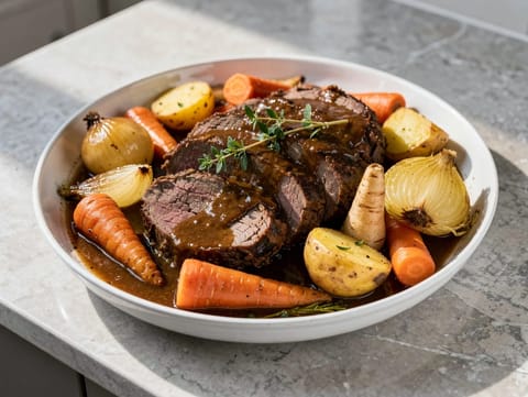 Friptură de vită la slow cooker cu legume rădăcinoase