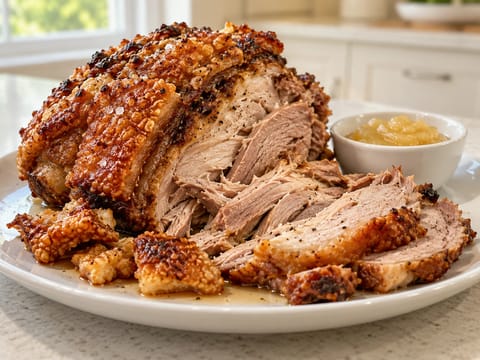 Spată de porc coaptă lent cu șorici crocant Spată de porc coaptă lent cu șorici crocant