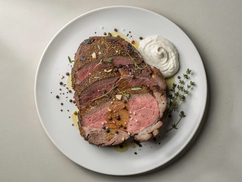 Costillar de ternera asado lentamente con crema de rábano picante Costillar de ternera asado lentamente con crema de rábano picante