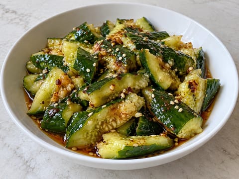 Salát z naklepaných okurek s chilli olejem Salát z naklepaných okurek s chilli olejem