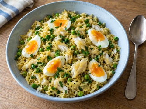 Kedgeree mit geräuchertem Schellfisch (würziger Reis mit Eiern)