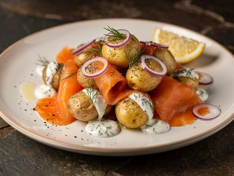 Saumon fumé avec pommes de terre, crème aigre et aneth