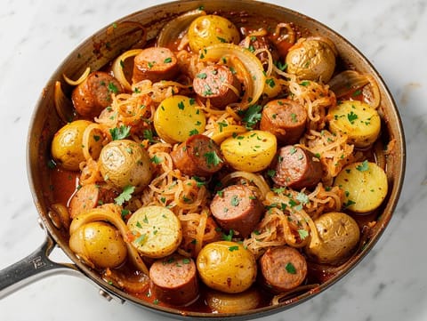 Poêlée de saucisse fumée aux pommes de terre et à la choucroute Poêlée de saucisse fumée aux pommes de terre et à la choucroute