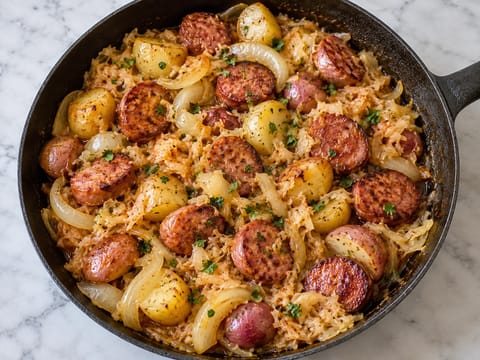 Stekepanne med røkt pølse, poteter og surkål Stekepanne med røkt pølse, poteter og surkål