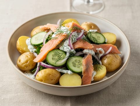 Patatesli ve Yaban Turplu Soslu Füme Alabalık Salatası