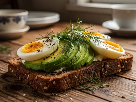 Avokado- ja munasmørrebrød ruisleivällä tillillä