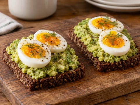 Avokado- og eggsmørrebrød på rug med dill Avokado- og eggsmørrebrød på rug med dill