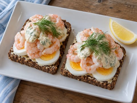 Smørrebrød (dänisches offenes Roggenbrot mit Garnelen und Ei)