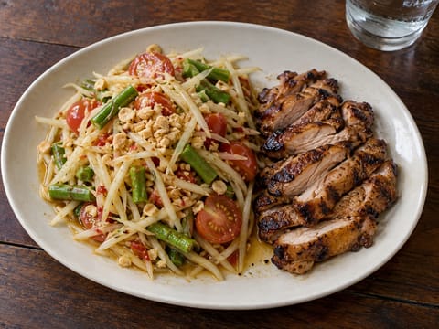 Som Tam (insalata di papaya verde) con pollo alla griglia Som Tam (insalata di papaya verde) con pollo alla griglia