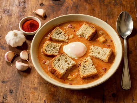 Sopa Castellana (kastilische Knoblauch-Brot-Suppe mit Paprika) Sopa Castellana (kastilische Knoblauch-Brot-Suppe mit Paprika)