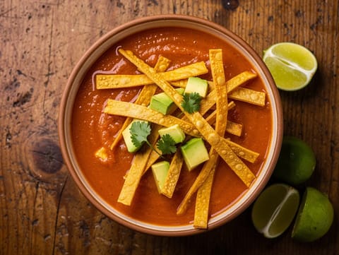 Sopa de Tortilla (sopa de tomate y tortilla con aguacate y lima)