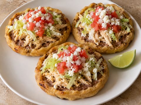 Sopes Caseros (dikke masabodems met bonen, kip en toppings) Sopes Caseros (dikke masabodems met bonen, kip en toppings)