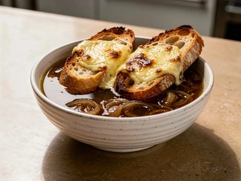 Soupe à l’Oignon Gratinée (γαλλική κρεμμυδόσουπα με τοστ Gruyère)