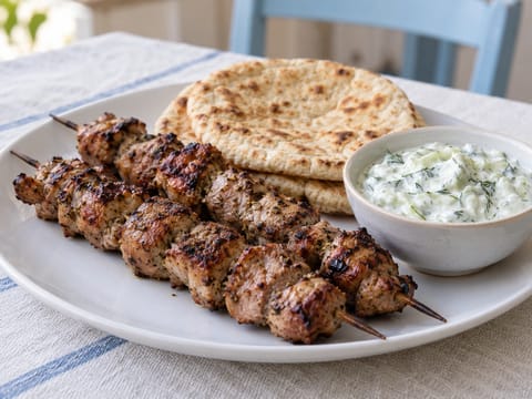 Souvlaki z pittą i tzatziki (marynowane szaszłyki wieprzowe)