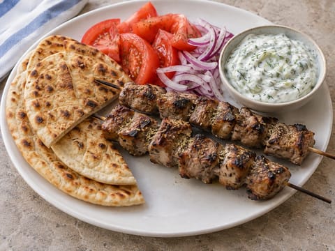 Souvlaki-fad med svinekød, pitabrød og tzatziki