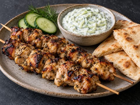 Souvlaki de poulet avec tzatziki et pain pita Souvlaki de poulet avec tzatziki et pain pita