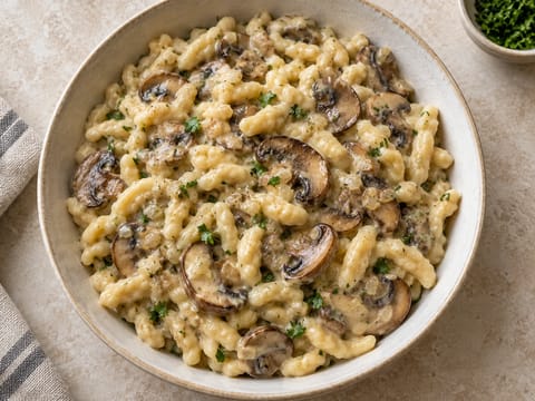 Ciotola di spätzle ai funghi con salsa cremosa ai funghi Ciotola di spätzle ai funghi con salsa cremosa ai funghi