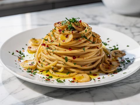 Spaghetti Aglio, Olio e Peperoncino (tészta fokhagymával, olajjal és csilivel) Spaghetti Aglio, Olio e Peperoncino (tészta fokhagymával, olajjal és csilivel)