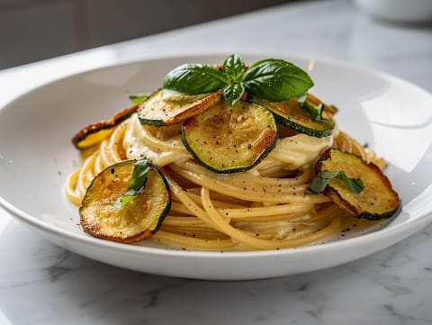Spaghetti alla Nerano (Courgettepasta met provolone en basilicum) Spaghetti alla Nerano (Courgettepasta met provolone en basilicum)