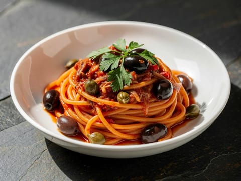 Spaghetti alla Puttanesca (Domatesli, Zeytinli ve Ançüezli Makarna)