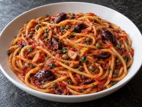 Spaghetti alla Puttanesca (massa com tomate, azeitonas e anchovas) Spaghetti alla Puttanesca (massa com tomate, azeitonas e anchovas)