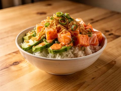 Poke bowl med stærk laks og sprødt crunch