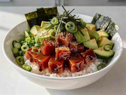 Pittige tonijn-avocado poke bowl