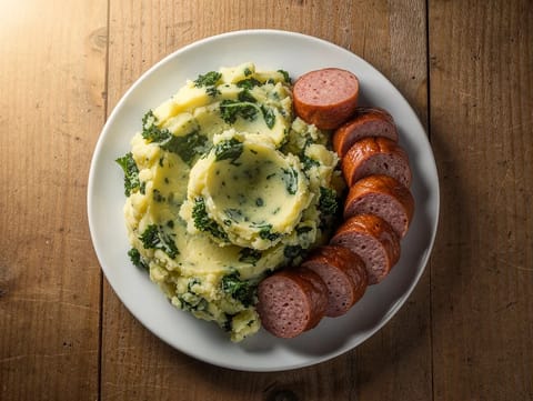 Stamppot Boerenkool (nederlandsk potetmos med grønnkål og røkt pølse)