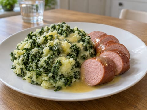 Stamppot Boerenkool met Rookworst (puree z jarmużem i wędzoną kiełbasą) Stamppot Boerenkool met Rookworst (puree z jarmużem i wędzoną kiełbasą)