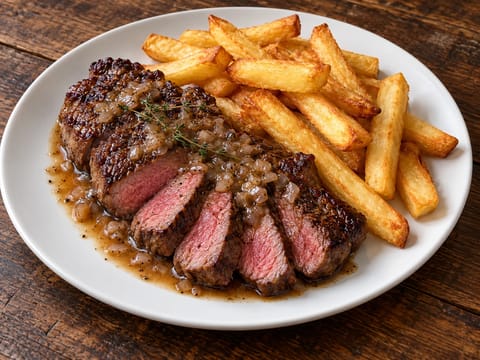 Steak Frites (ulkofileepihvi ja kahdesti paistetut ranskanperunat) Steak Frites (ulkofileepihvi ja kahdesti paistetut ranskanperunat)
