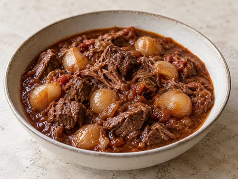 Stifado (græsk langtidskogt okse- og løggryde) Stifado (græsk langtidskogt okse- og løggryde)