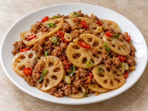 Wokad lotusrot med fläskfärs och chili Wokad lotusrot med fläskfärs och chili