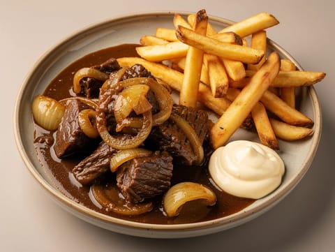 Stoofvlees met Friet (tocăniță belgiană de vită cu cartofi prăjiți)
