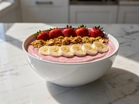 Taça de smoothie com granola de morango e banana Taça de smoothie com granola de morango e banana