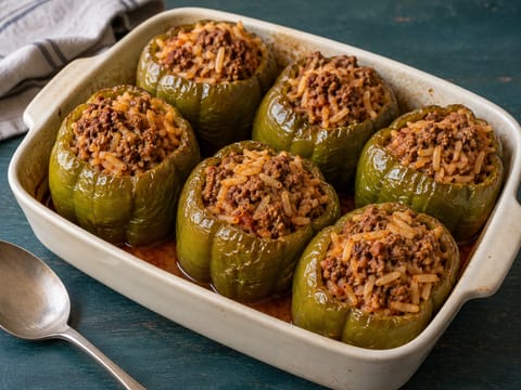 Fyllda gröna paprikor med köttfärs och ris