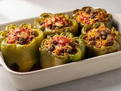 Pimientos rellenos turcos con ternera picada y arroz