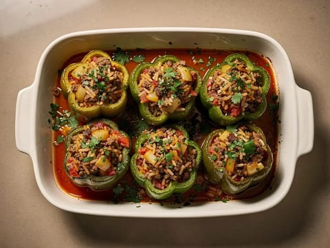 Töltött paprika darált marhahússal és rizzsel Töltött paprika darált marhahússal és rizzsel
