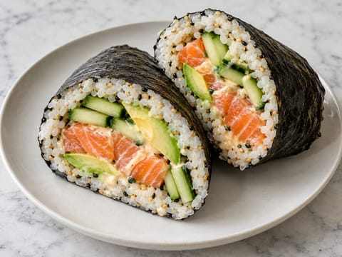 Sushi Burrito con salmón, aguacate y pepino Sushi Burrito con salmón, aguacate y pepino
