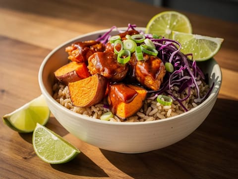 Süßkartoffel-BBQ-Bowl mit Vollkornreis und Hähnchen Süßkartoffel-BBQ-Bowl mit Vollkornreis und Hähnchen