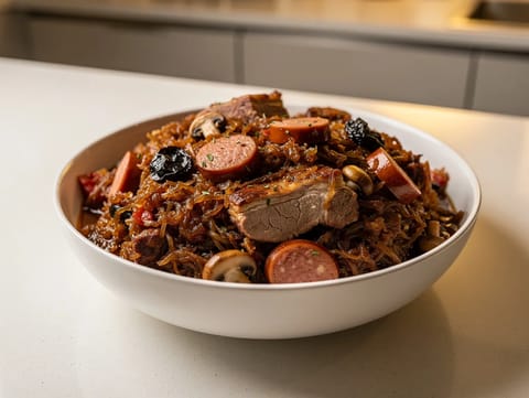 Świąteczny Bigos (lengyel vadászragú sertéshússal és savanyú káposztával)